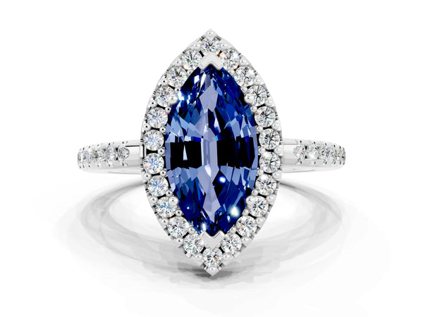 Silver Marquise Cut Blue Sapphire Pavé Halo Ring with Four-Prong Setting