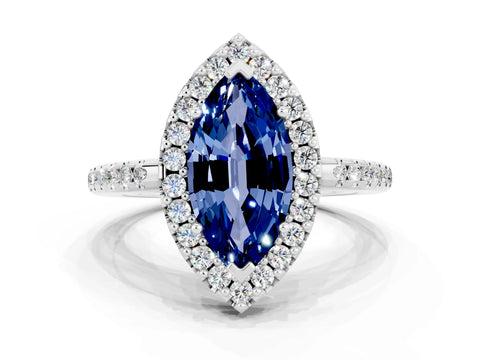 White gold Marquise Cut Blue Sapphire Pavé Halo Ring with Four-Prong Setting_12