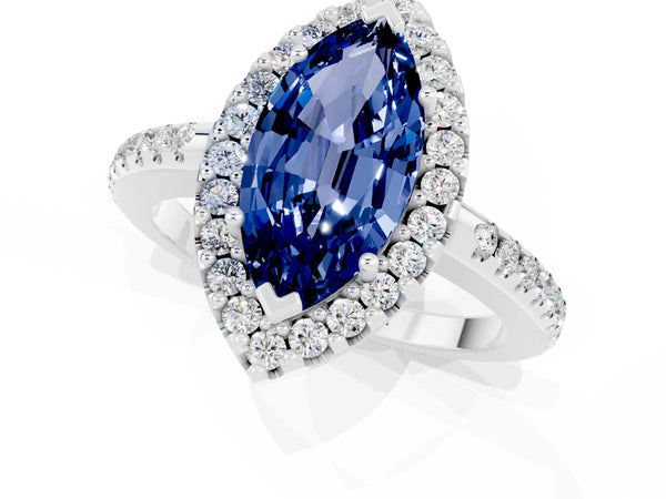 Platinum Marquise Cut Blue Sapphire Pavé Halo Ring with Four-Prong Setting