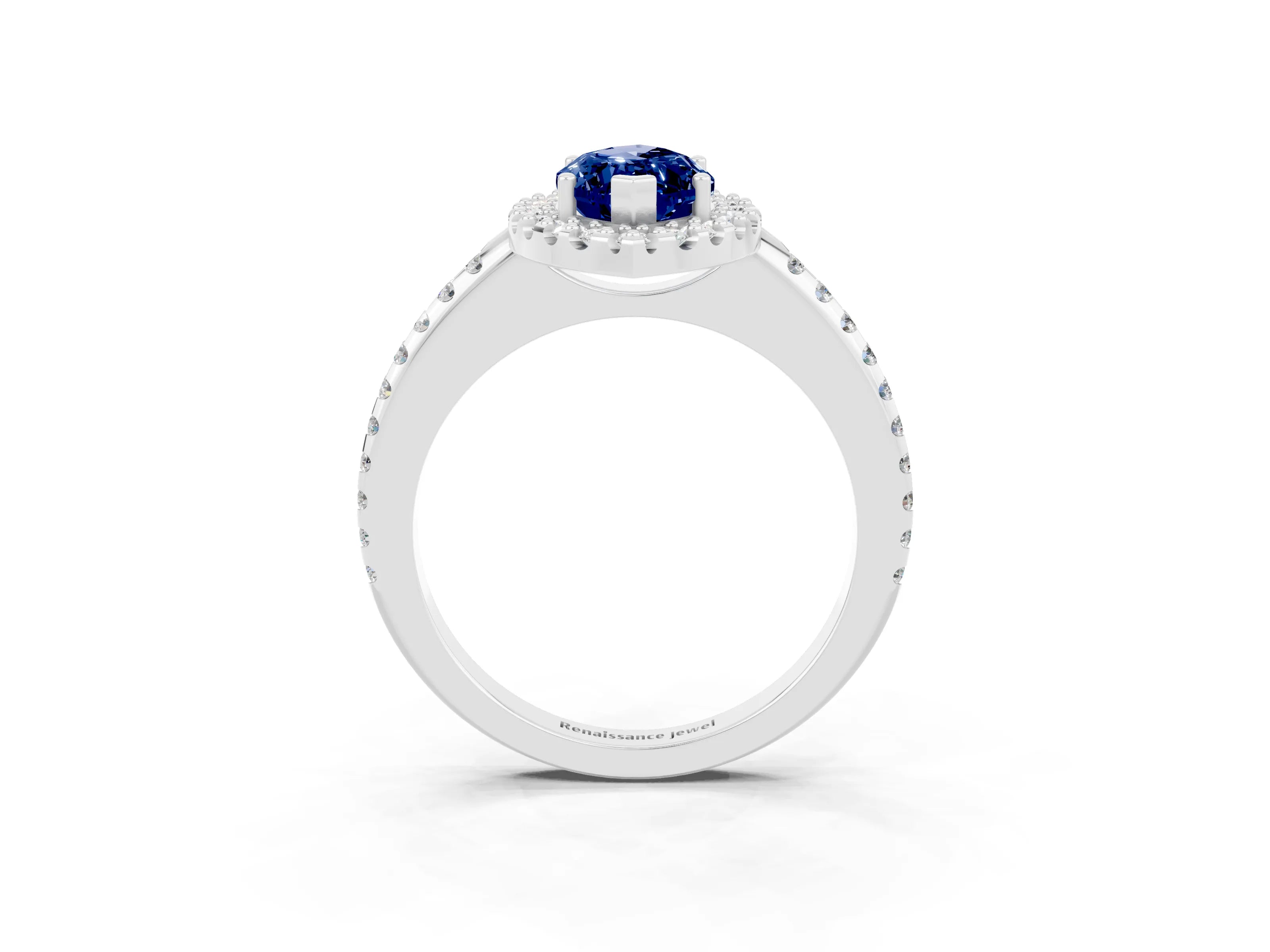 White gold Marquise Cut Blue Sapphire Pavé Halo Ring with Four-Prong Setting_15