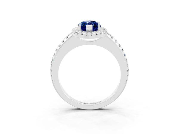 White gold Marquise Cut Blue Sapphire Pavé Halo Ring with Four-Prong Setting