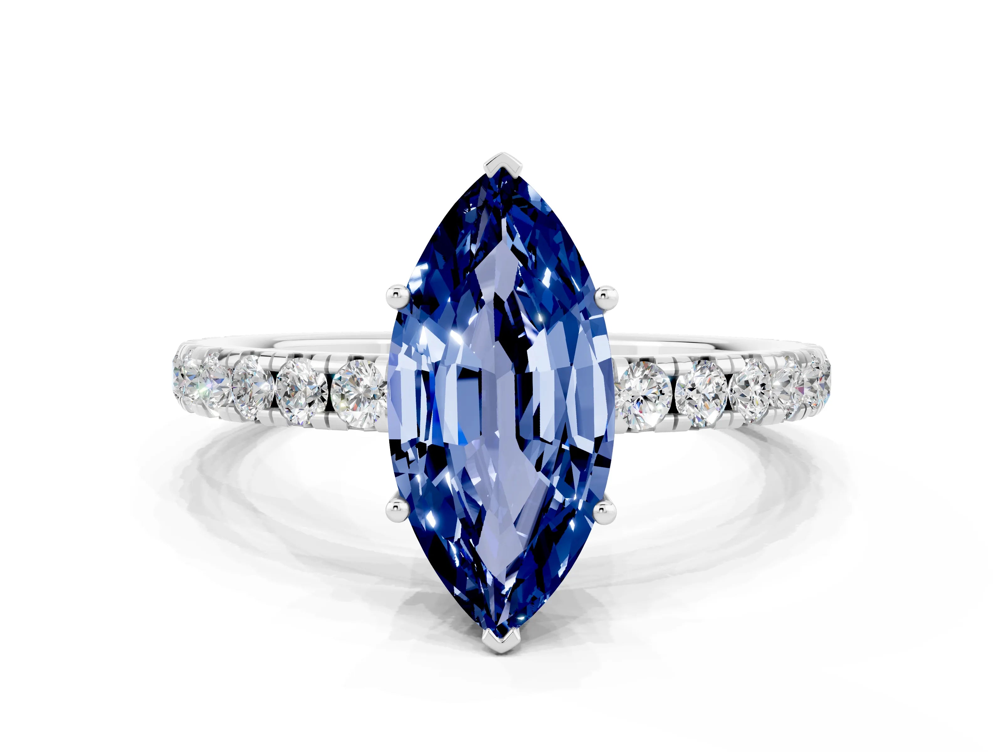 White gold Marquise Cut Blue Sapphire Pavé Solitaire Engagement Ring with Four-Prong Setting_12