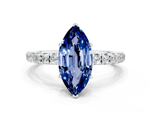 White gold Marquise Cut Blue Sapphire Pavé Solitaire Engagement Ring with Four-Prong Setting