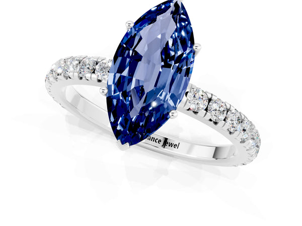 Platinum Marquise Cut Blue Sapphire Pavé Solitaire Engagement Ring with Four-Prong Setting