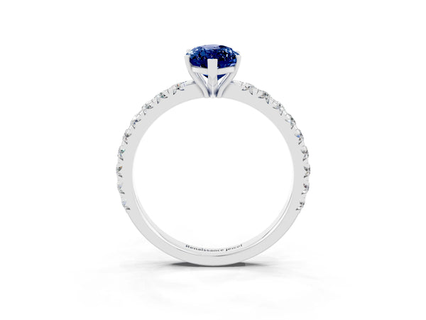 Platinum Marquise Cut Blue Sapphire Pavé Solitaire Engagement Ring with Four-Prong Setting