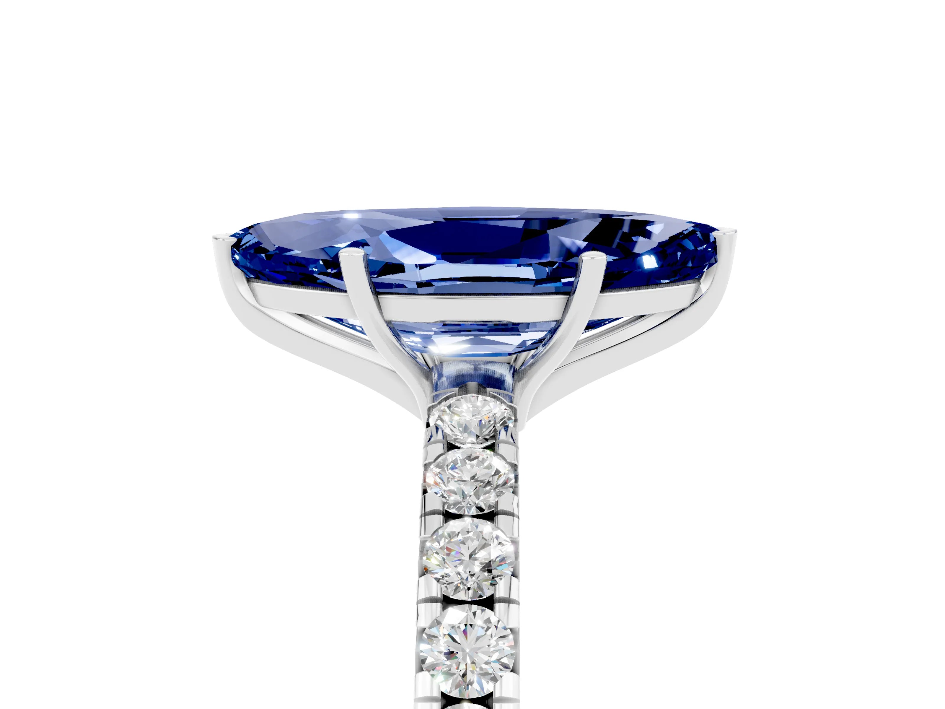 White gold Marquise Cut Blue Sapphire Pavé Solitaire Engagement Ring with Four-Prong Setting_17