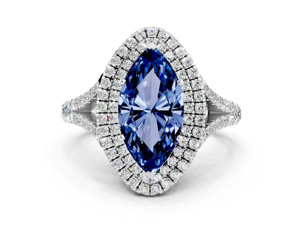 Platinum Marquise Cut Blue Sapphire Pavé Split Shank Double Halo Engagement Ring