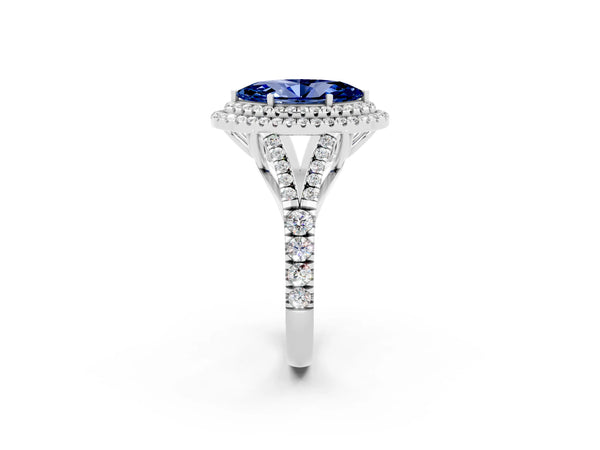 White gold Marquise Cut Blue Sapphire Pavé Split Shank Double Halo Engagement Ring