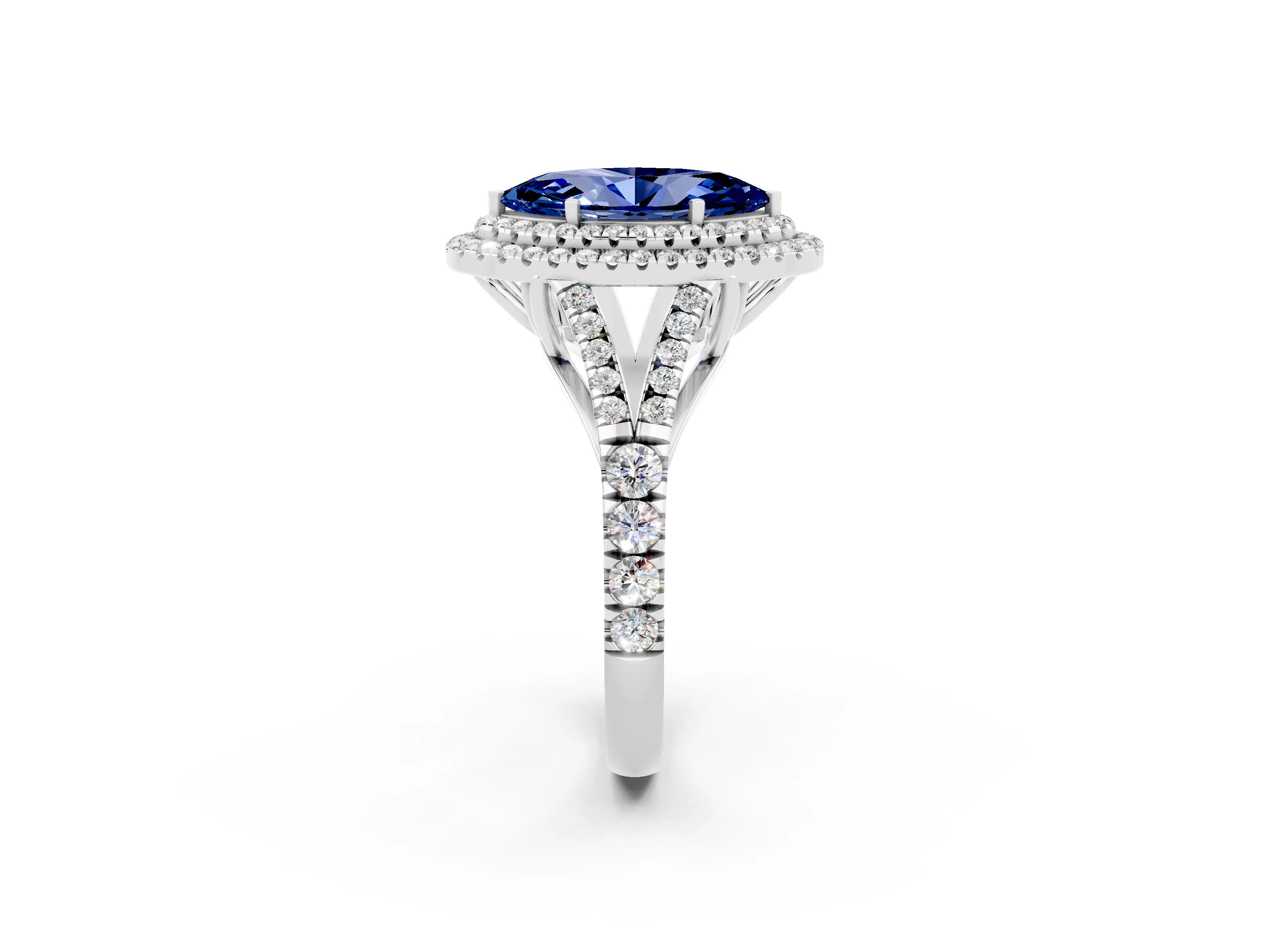 White gold Marquise Cut Blue Sapphire Pavé Split Shank Double Halo Engagement Ring_2