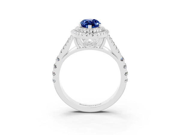 White gold Marquise Cut Blue Sapphire Pavé Split Shank Double Halo Engagement Ring