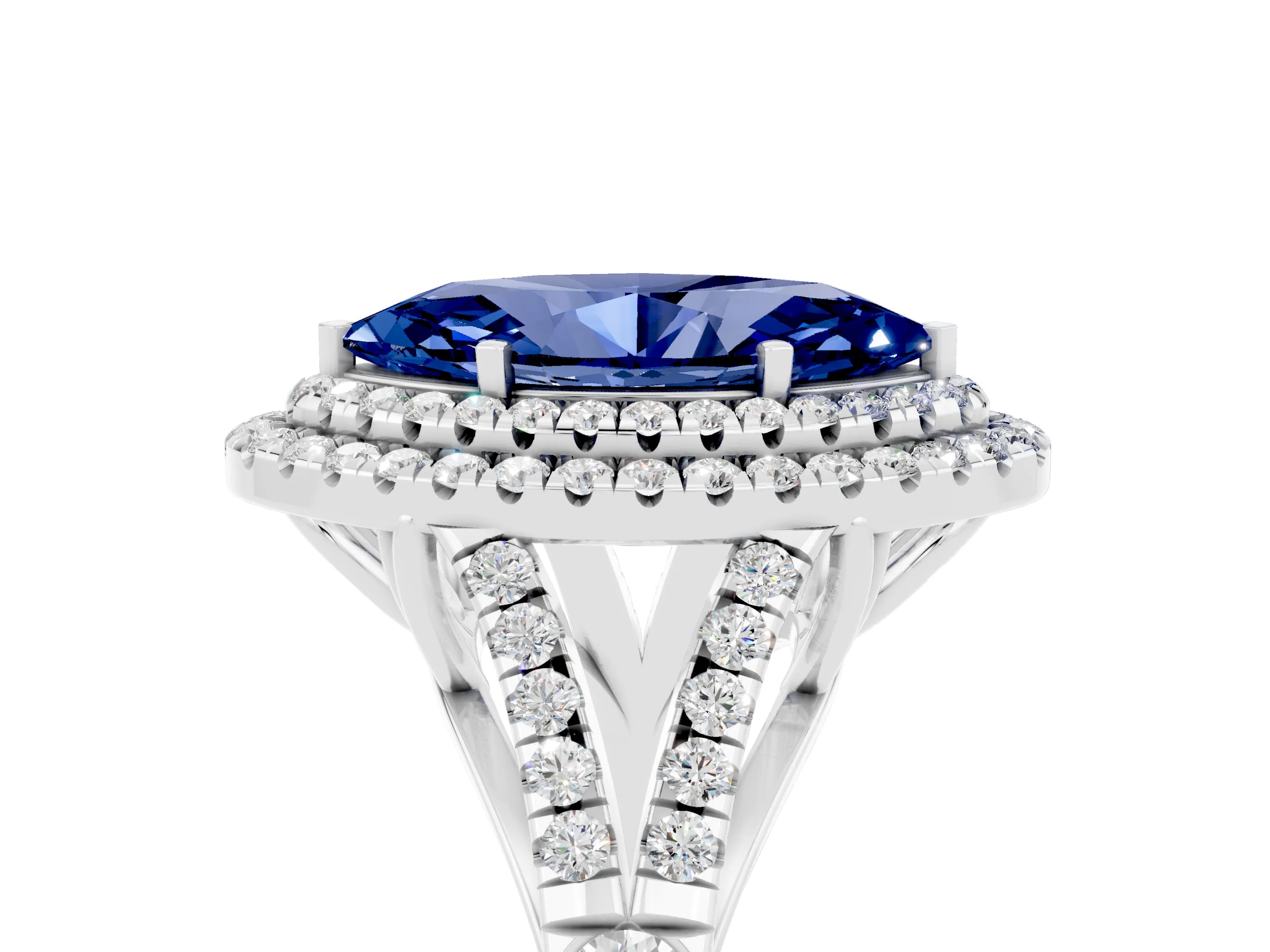 White gold Marquise Cut Blue Sapphire Pavé Split Shank Double Halo Engagement Ring_5