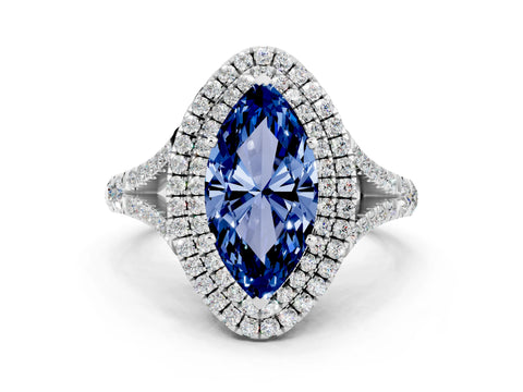 White gold Marquise Cut Blue Sapphire Pavé Split Shank Double Halo Engagement Ring