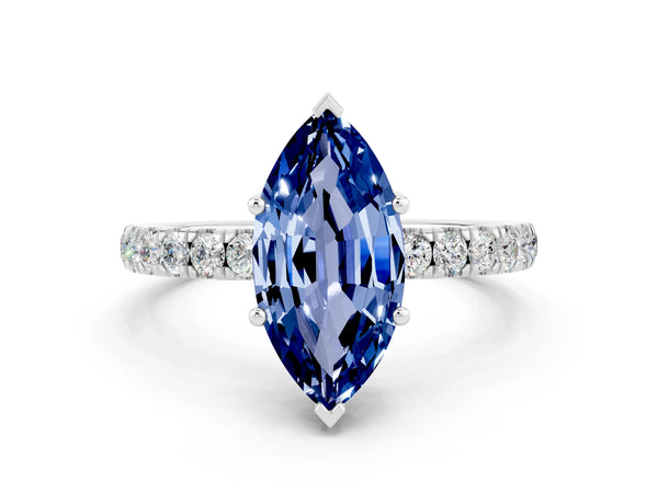 Platinum Marquise Cut Blue Sapphire Pave Band Solitaire Ring with Round  and Prong Setting