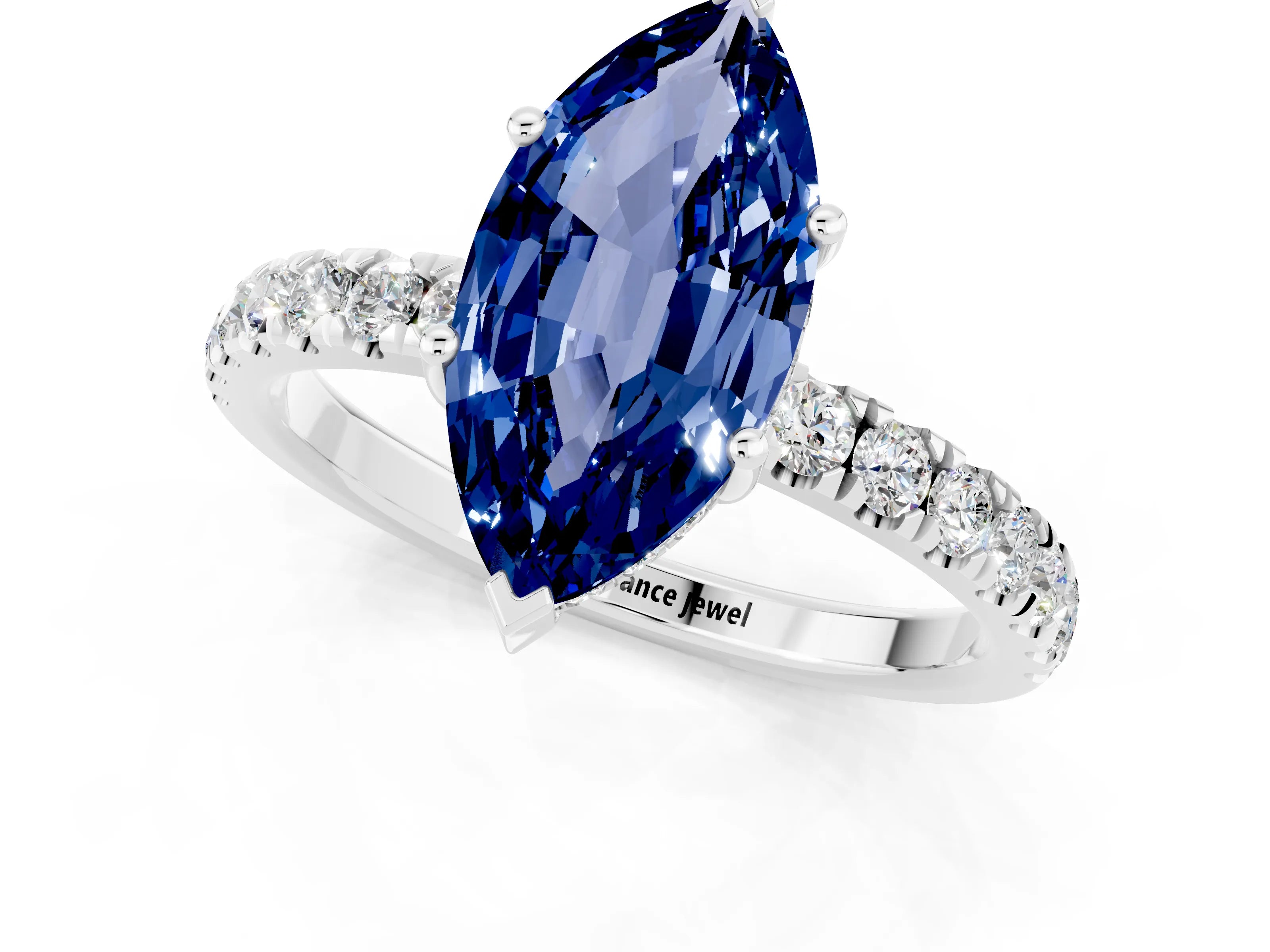 White gold Marquise Cut Blue Sapphire Pave Band Solitaire Ring with Four-Prong Setting_25