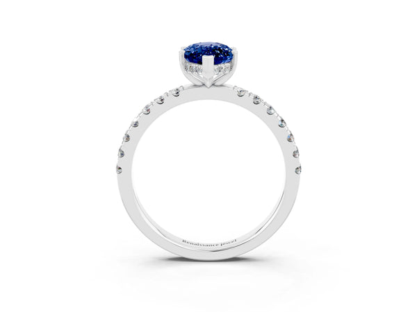 Silver Marquise Cut Blue Sapphire Pave Band Solitaire Ring with Round  and Prong Setting