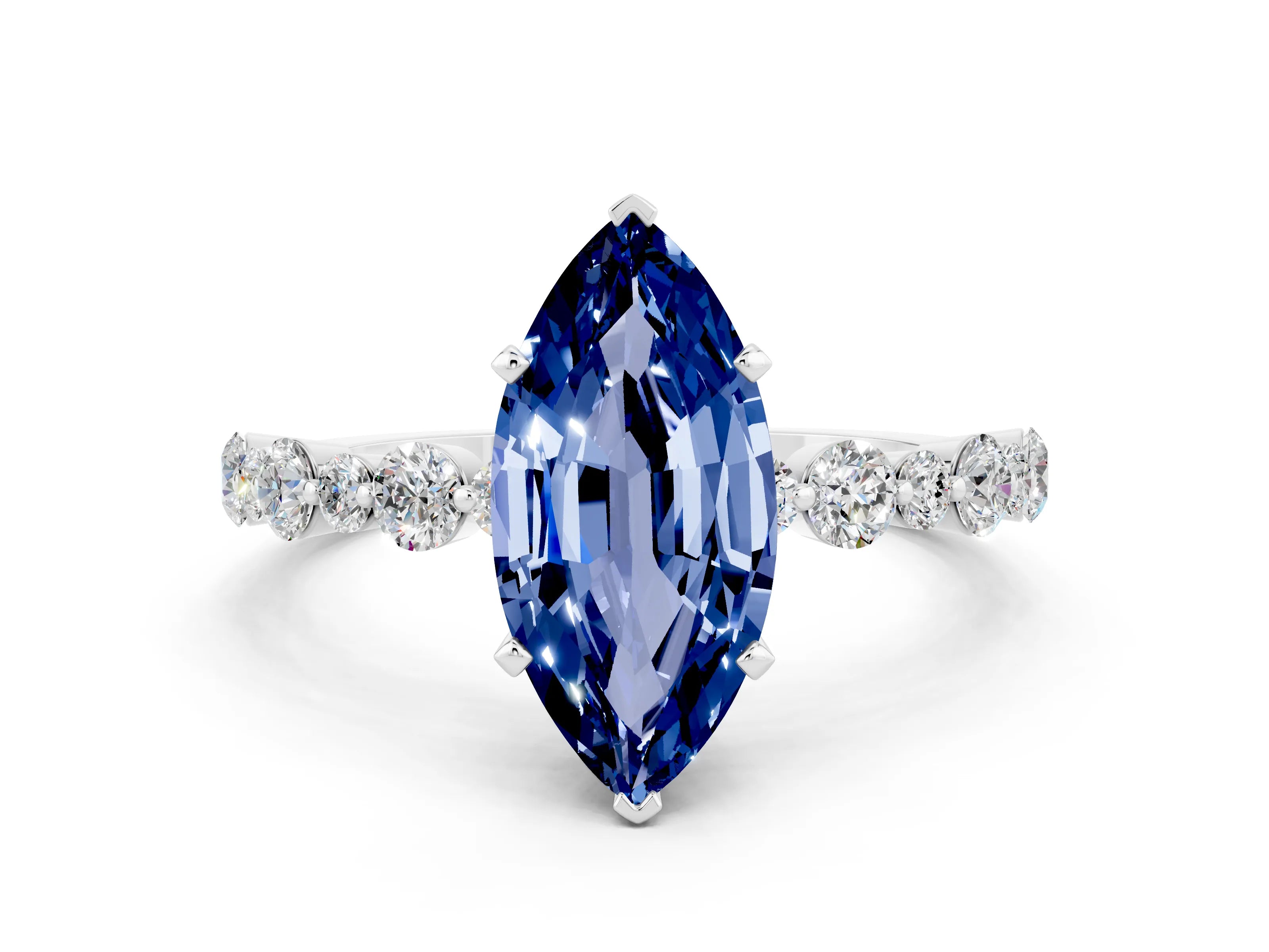 White gold Marquise Cut Blue Sapphire Prong Set Engagement Ring with Pavé Band