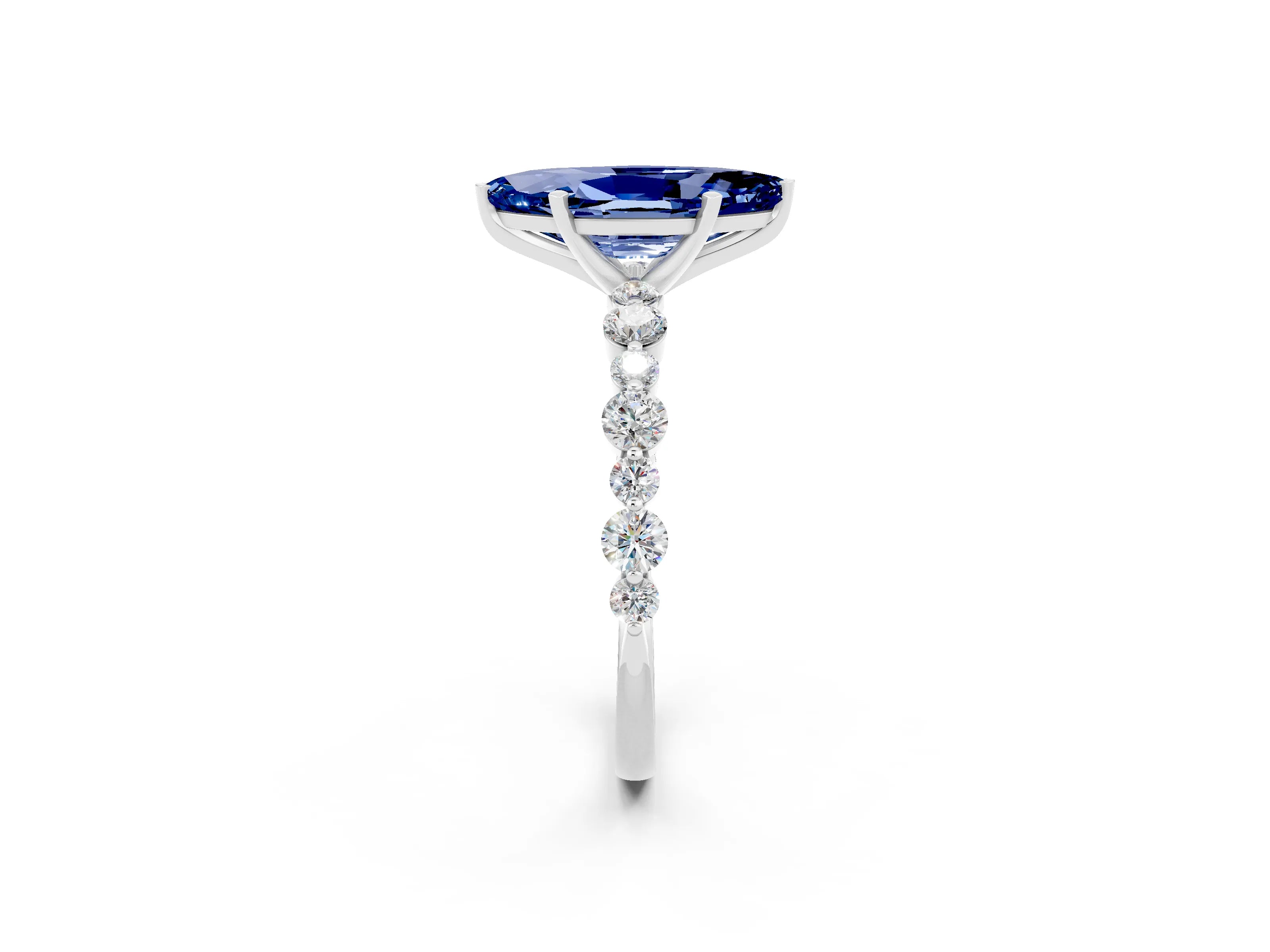 White gold Marquise Cut Blue Sapphire Prong Set Engagement Ring with Pavé Band_2