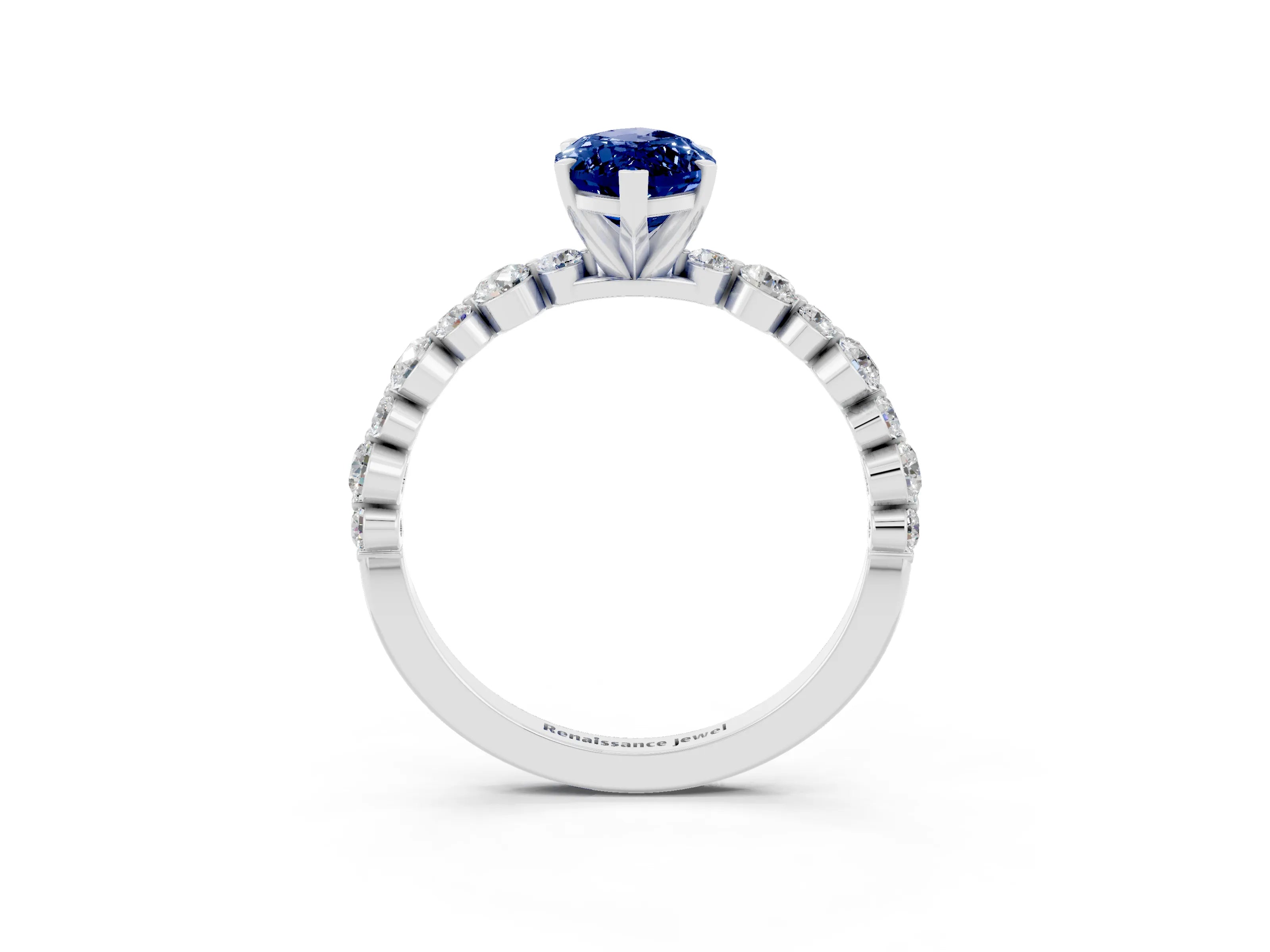 White gold Marquise Cut Blue Sapphire Prong Set Engagement Ring with Pavé Band_3