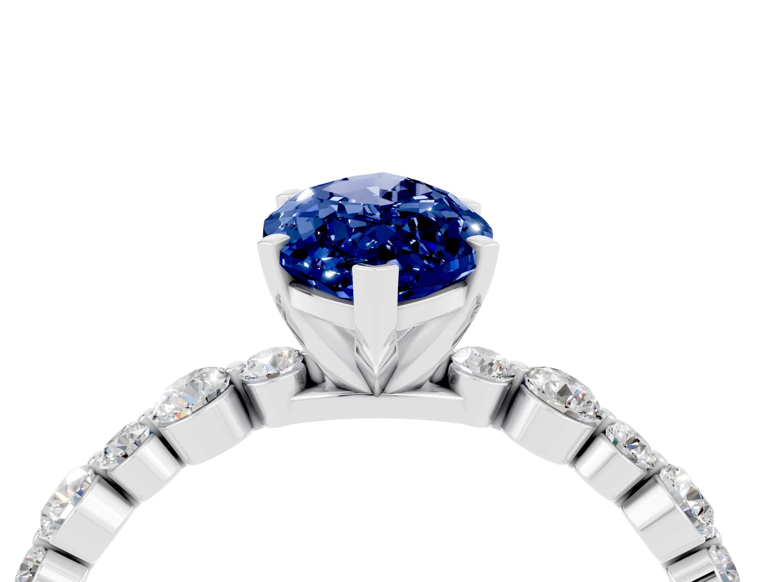 White gold Marquise Cut Blue Sapphire Prong Set Engagement Ring with Pavé Band_4