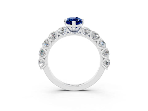 White gold Marquise Cut Blue Sapphire Prong Setting with Side Stones on a Pave Band_3