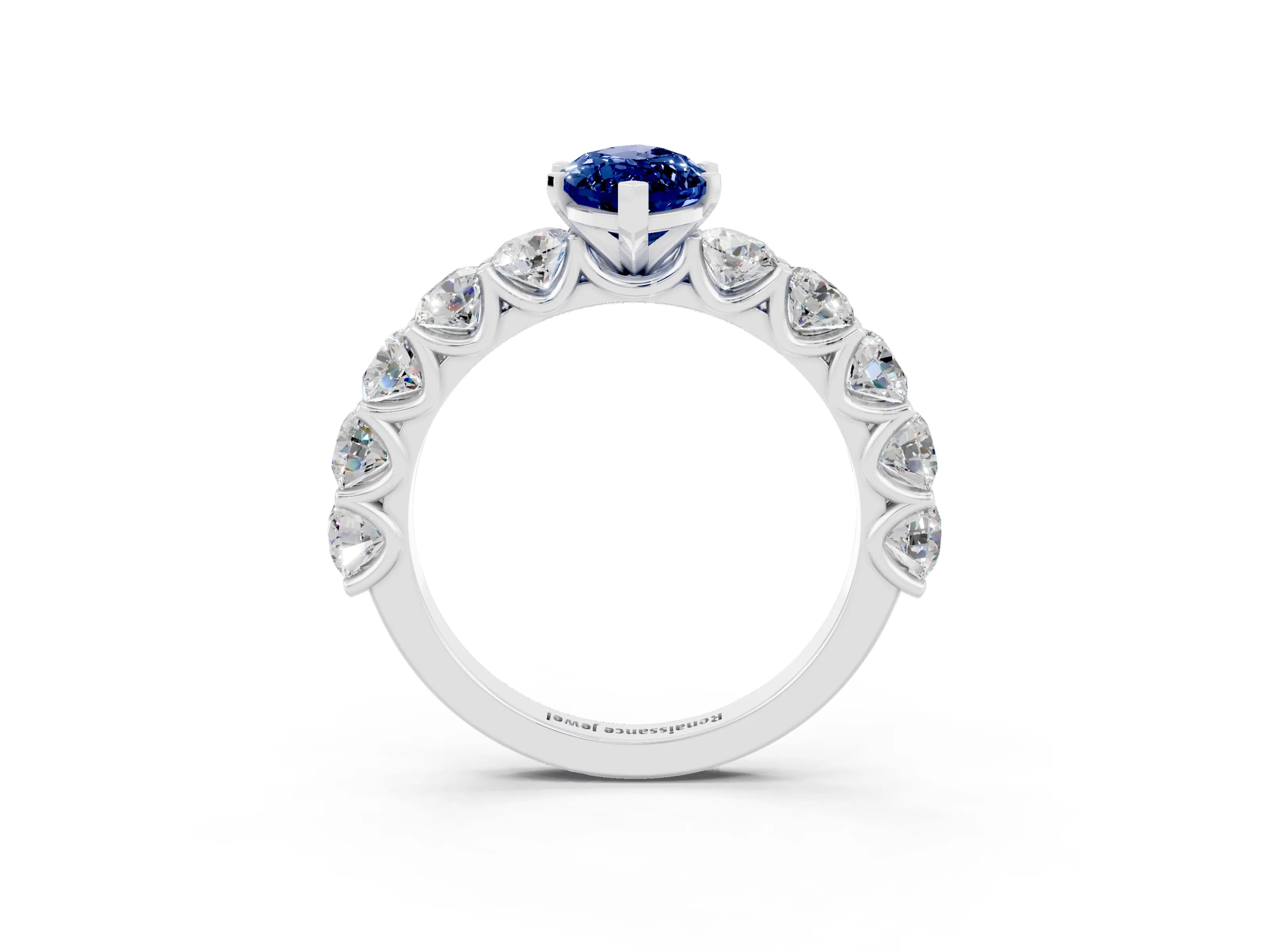 White gold Marquise Cut Blue Sapphire Prong Setting with Side Stones on a Pave Band_3