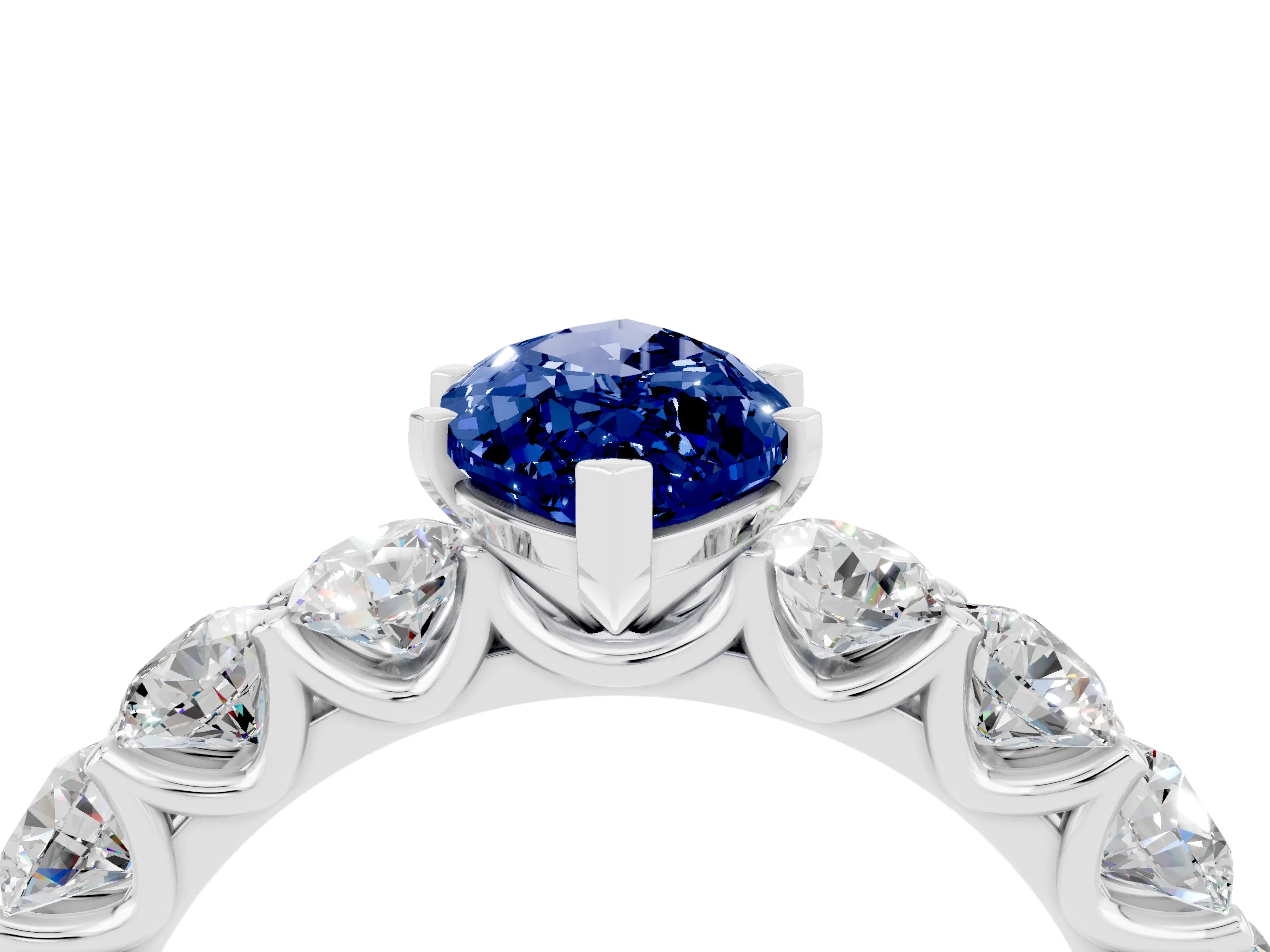 White gold Marquise Cut Blue Sapphire Prong Setting with Side Stones on a Pave Band_4