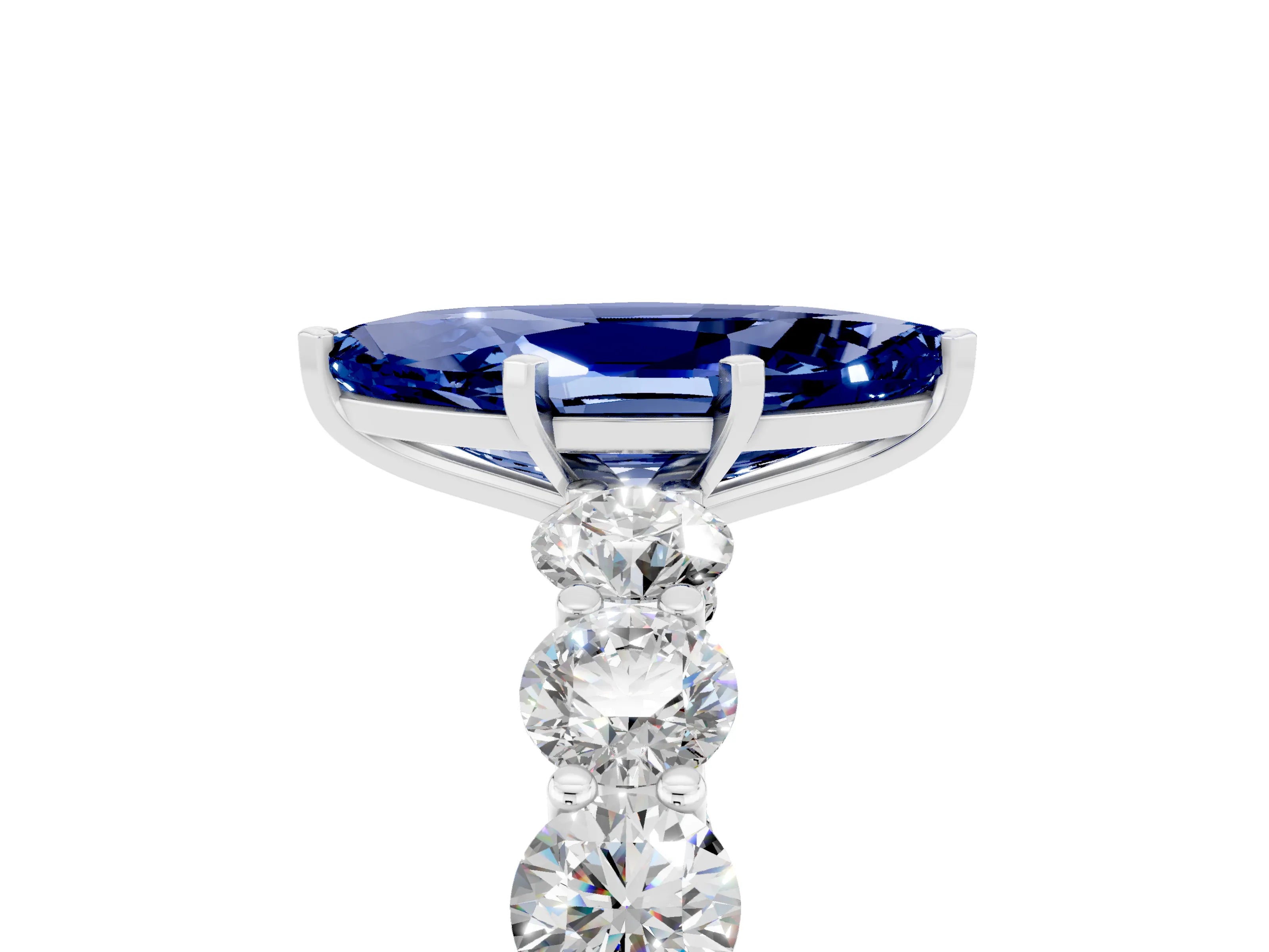White gold Marquise Cut Blue Sapphire Prong Setting with Side Stones on a Pave Band_5