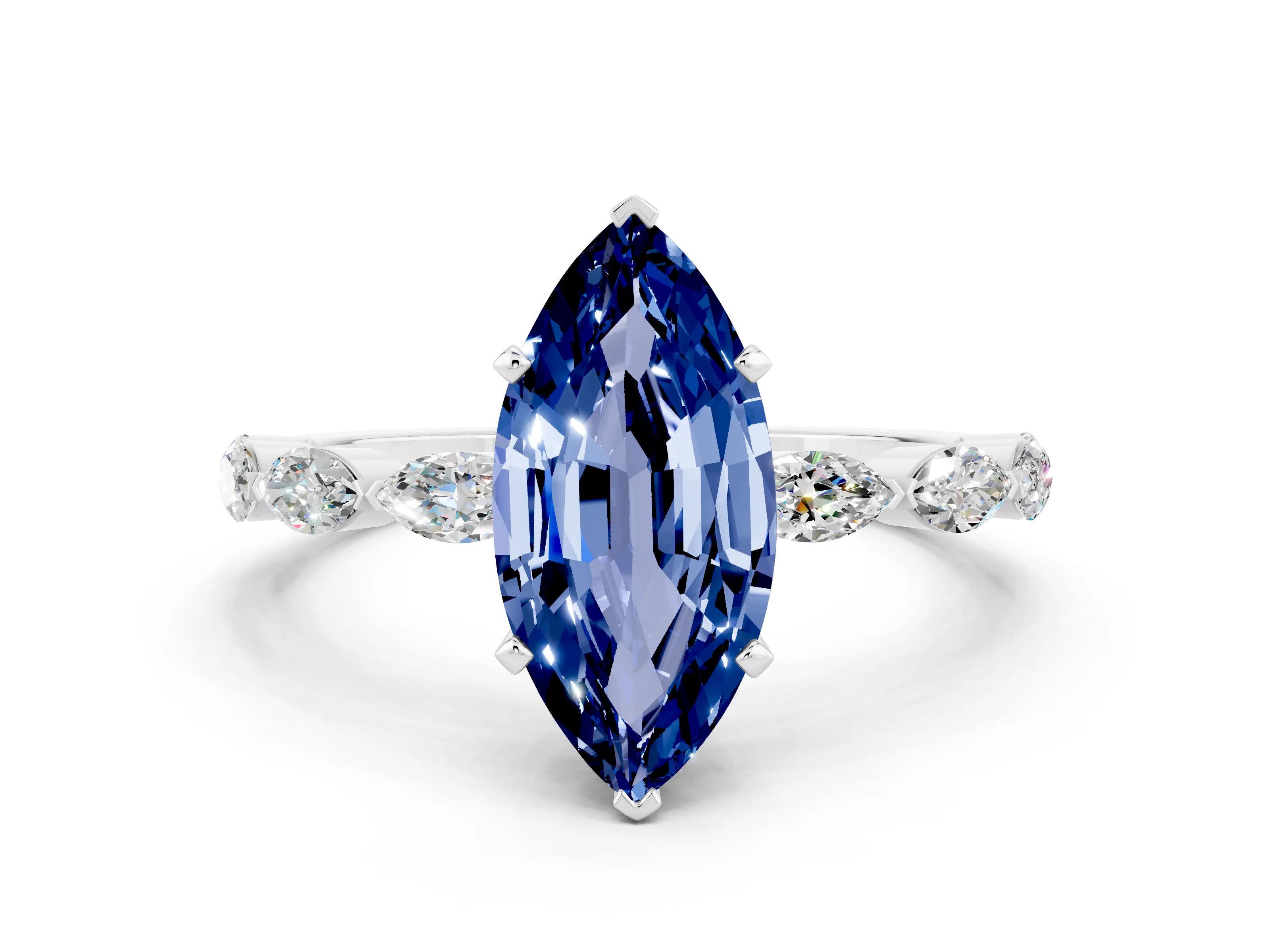 White gold Marquise Cut Blue Sapphire Ring with Marquise Side Stones and Prong Setting