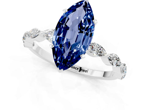 White gold Marquise Cut Blue Sapphire Ring with Marquise Side Stones and Prong Setting_1