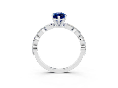 White gold Marquise Cut Blue Sapphire Ring with Marquise Side Stones and Prong Setting_3