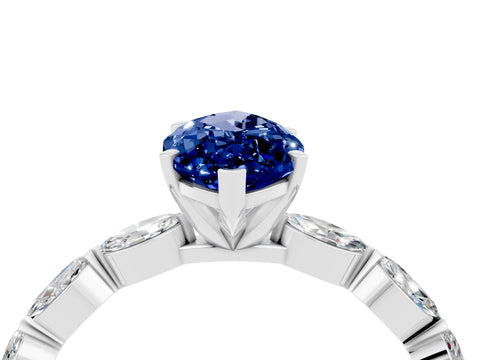 White gold Marquise Cut Blue Sapphire Ring with Marquise Side Stones and Prong Setting_4