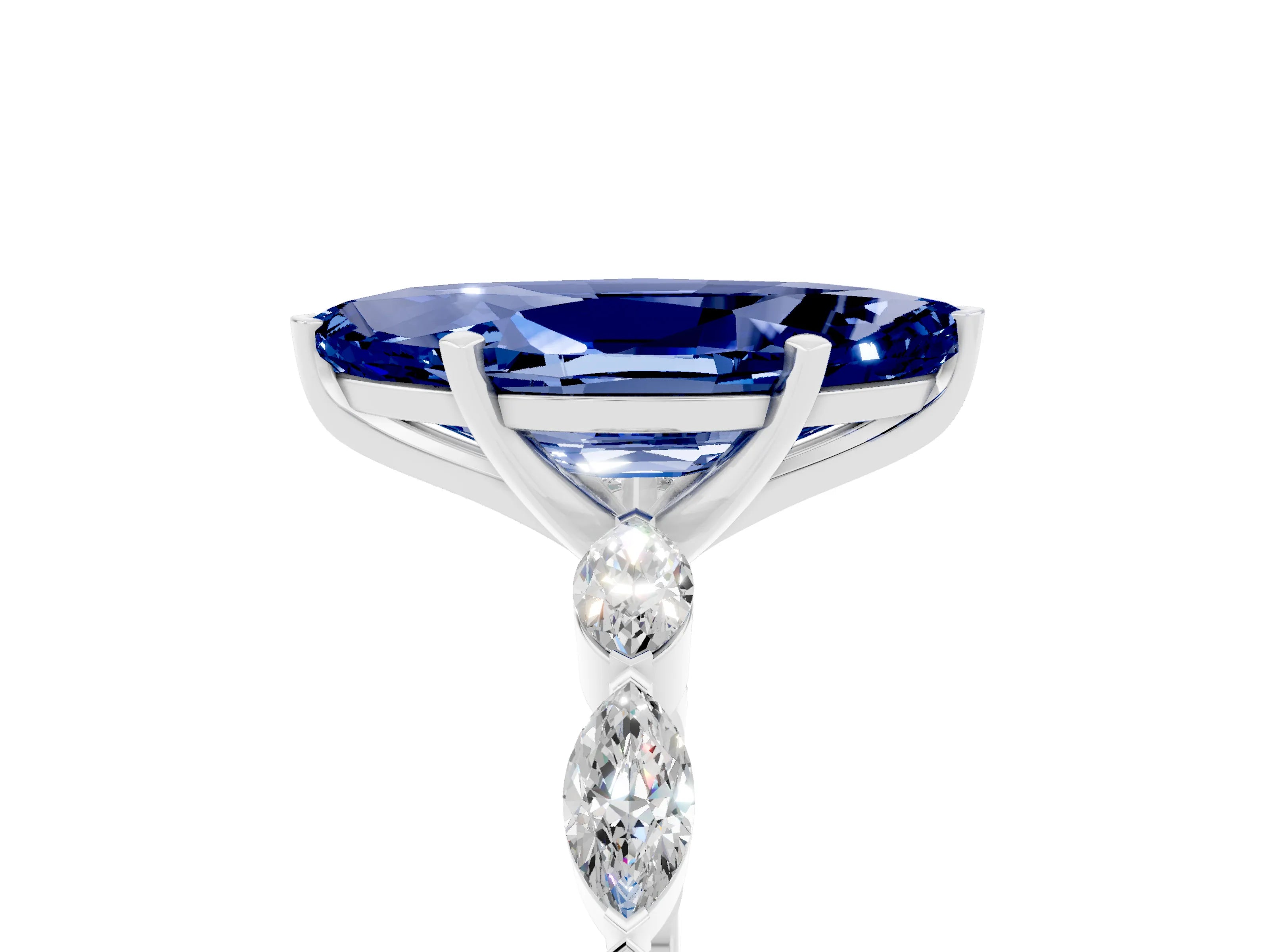 White gold Marquise Cut Blue Sapphire Ring with Marquise Side Stones and Prong Setting_5