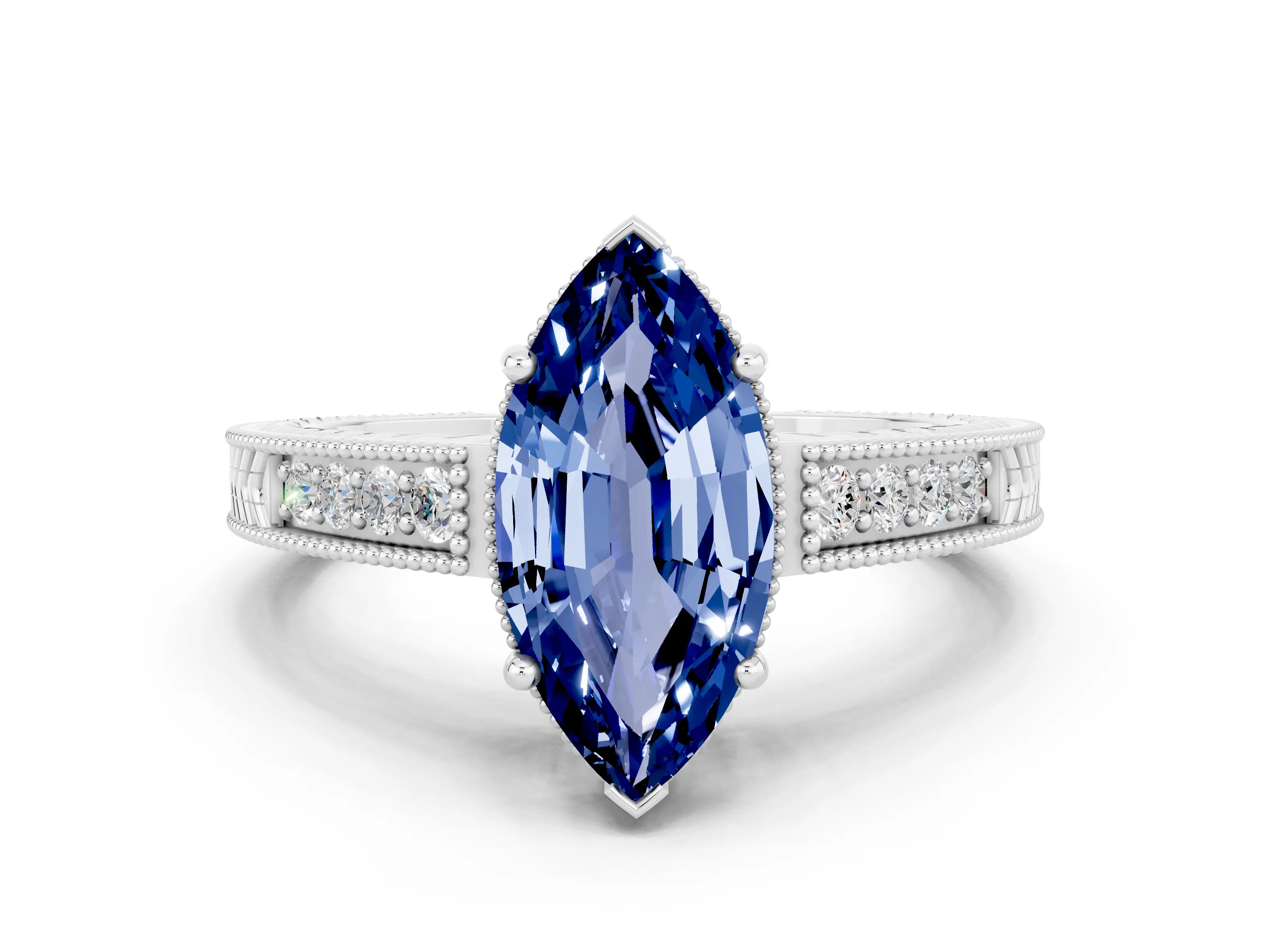 White gold Marquise Cut Blue Sapphire Ring with Milgrain Pavé Band and Four-Prong Setting_24