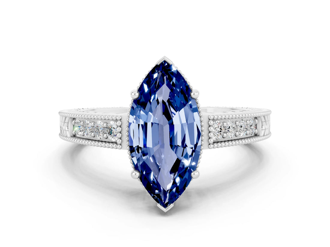 White gold Marquise Cut Blue Sapphire Ring with Milgrain Pavé Band and Four-Prong Setting_24