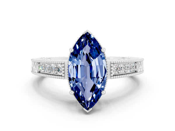 White gold Marquise Cut Blue Sapphire Ring with Milgrain Pavé Band and Four-Prong Setting