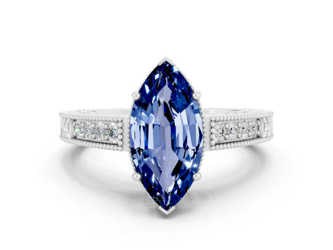 White gold Marquise Cut Blue Sapphire Ring with Milgrain Pavé Band and Four-Prong Setting_24