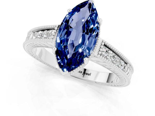 Platinum Marquise Cut Blue Sapphire Ring with Milgrain Pavé Band and Four-Prong Setting