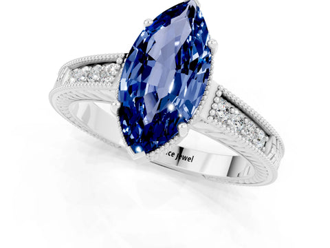 White gold Marquise Cut Blue Sapphire Ring with Milgrain Pavé Band and Four-Prong Setting_25