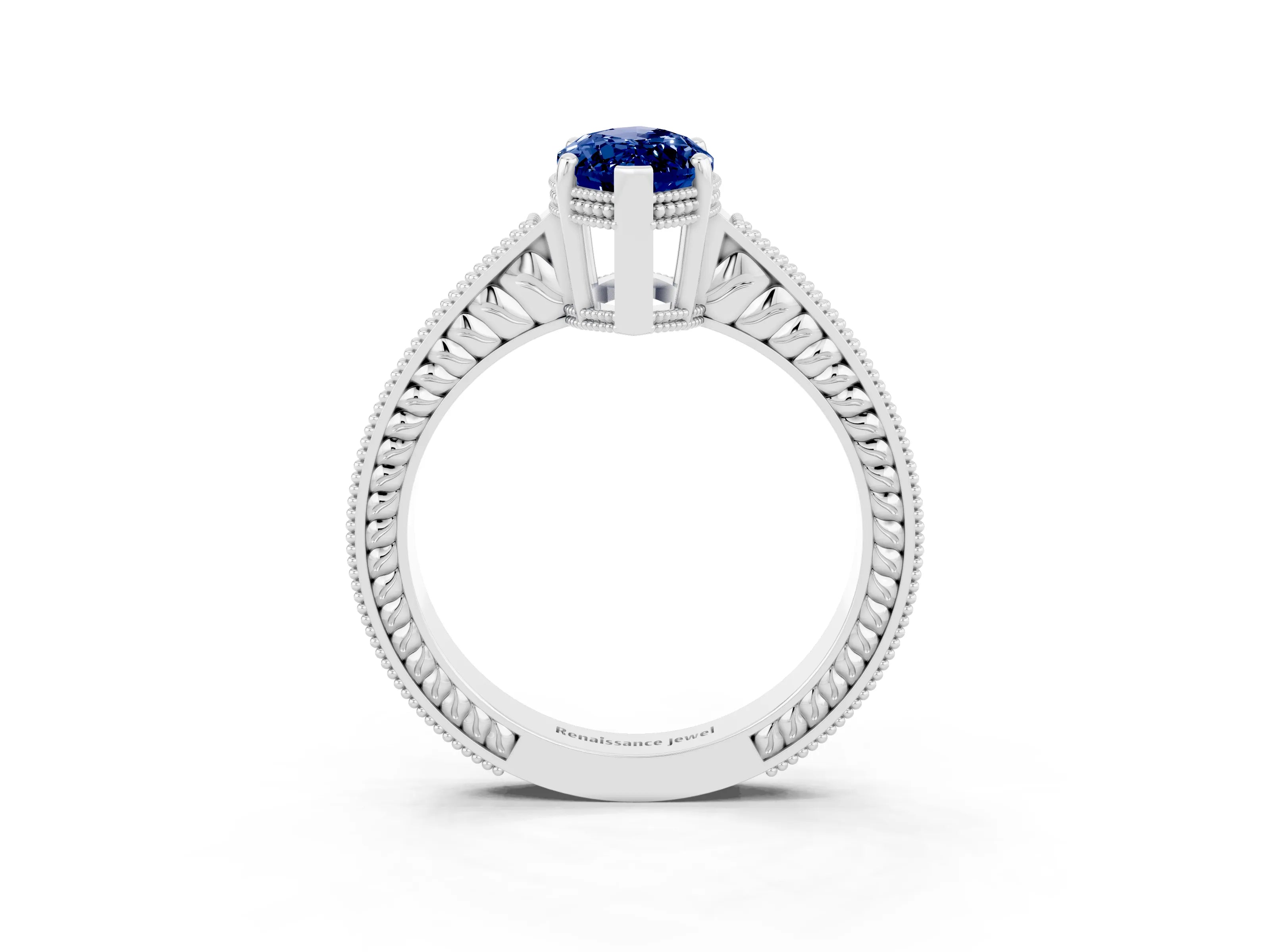 White gold Marquise Cut Blue Sapphire Ring with Milgrain Pavé Band and Four-Prong Setting_27
