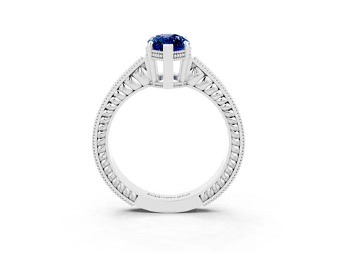 White gold Marquise Cut Blue Sapphire Ring with Milgrain Pavé Band and Four-Prong Setting_27