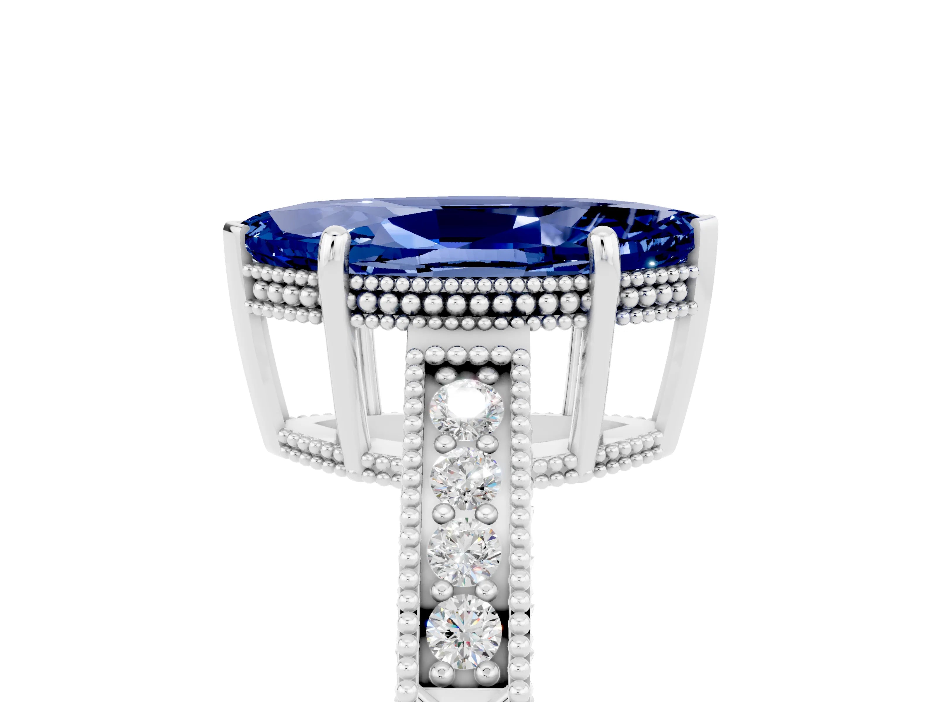 White gold Marquise Cut Blue Sapphire Ring with Milgrain Pavé Band and Four-Prong Setting_29