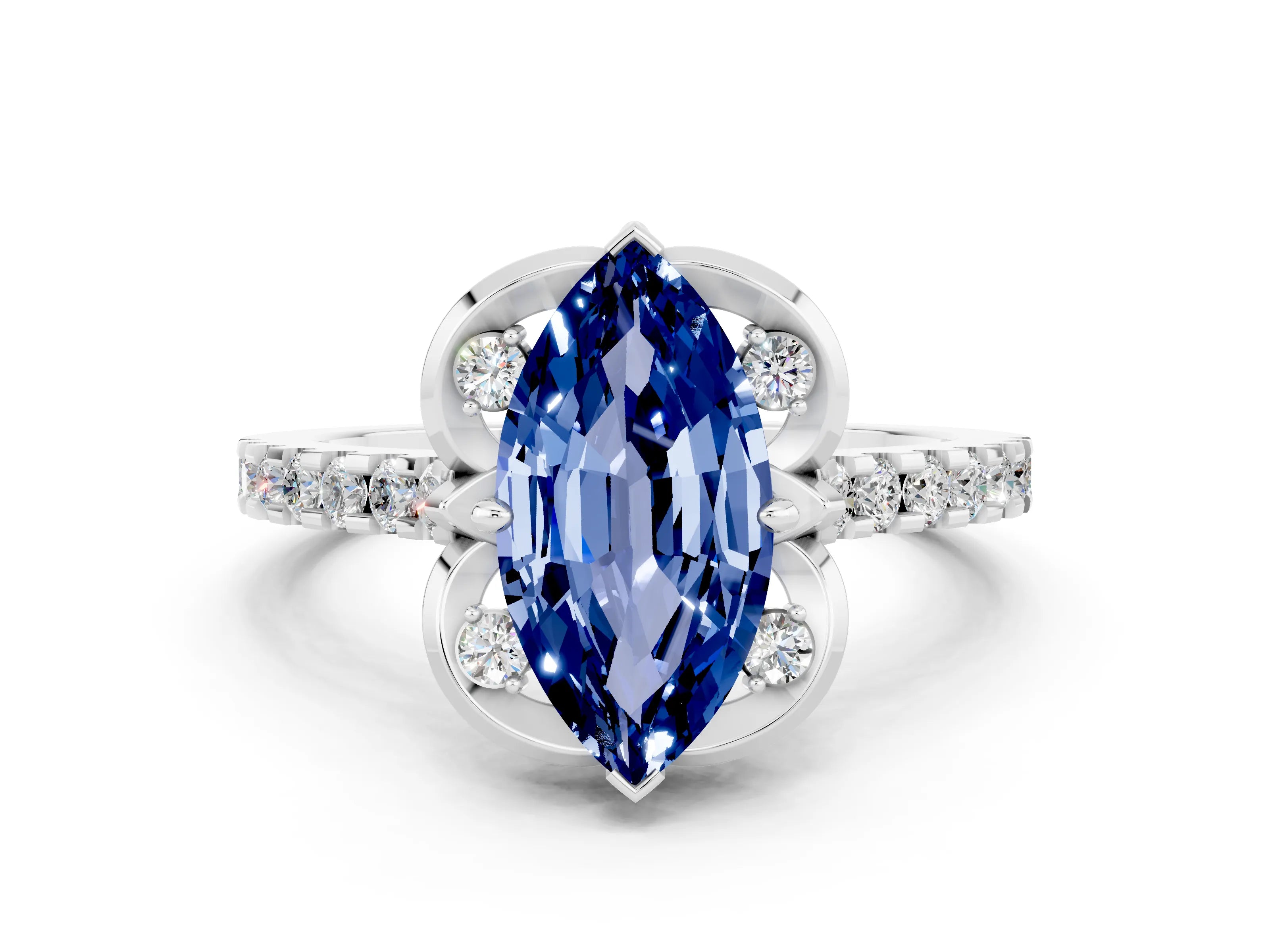 White gold Marquise Cut Blue Sapphire Ring with Pavé Band and Floral Prong Setting