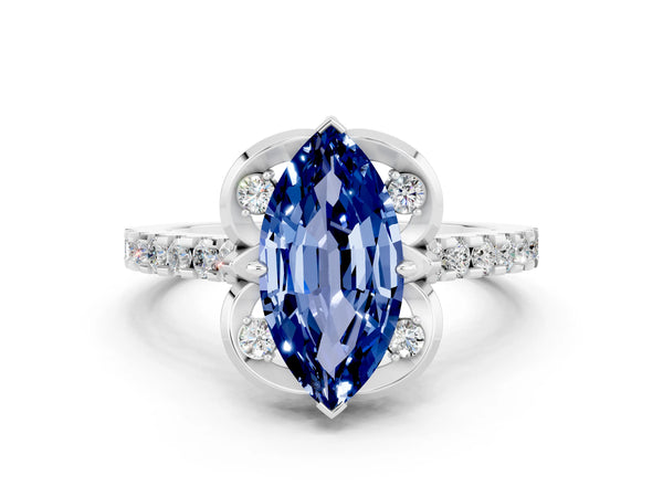 Silver Marquise Cut Blue Sapphire Ring with Pavé Band and Floral Prong Setting