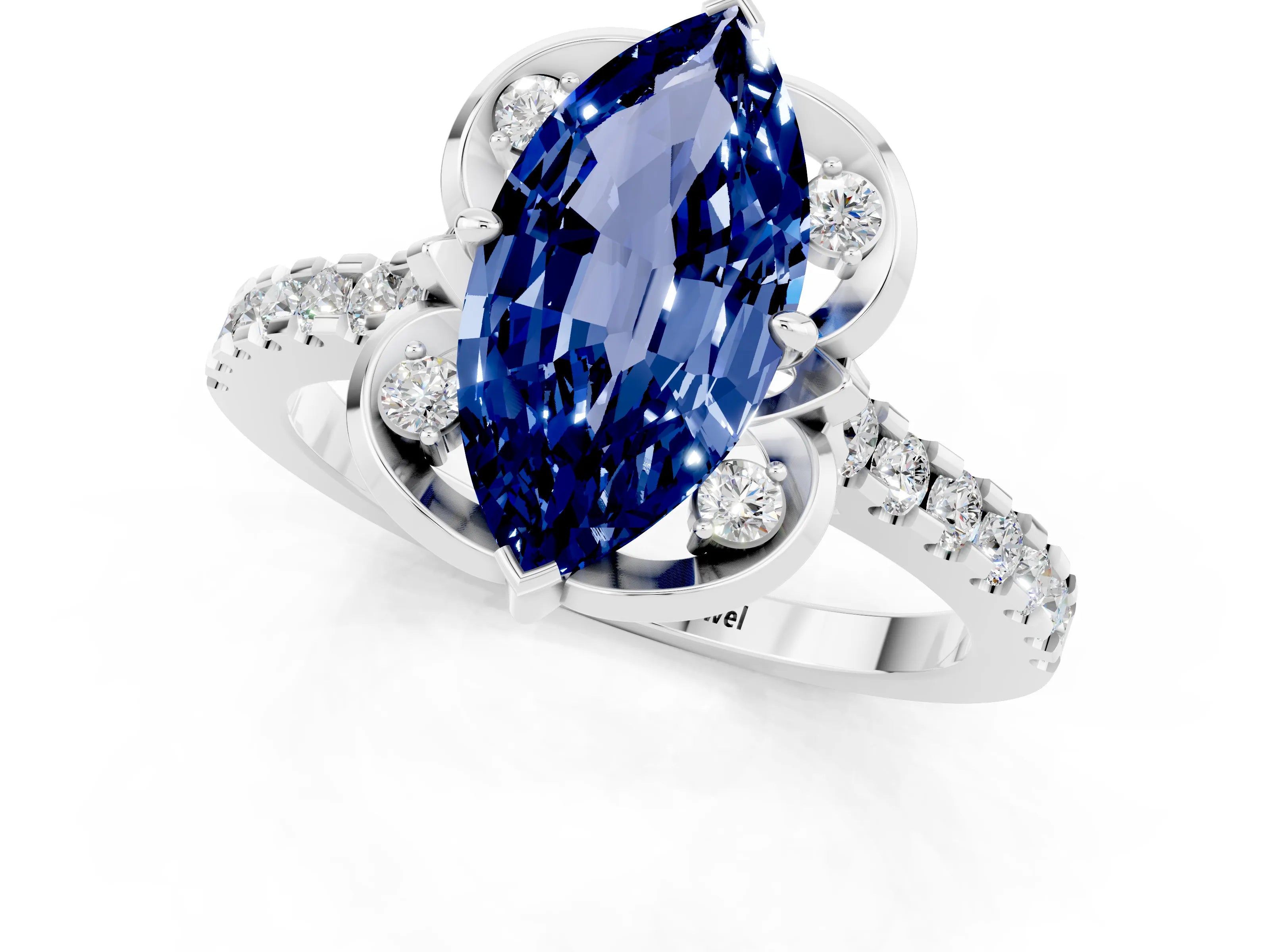 White gold Marquise Cut Blue Sapphire Ring with Pavé Band and Floral Prong Setting_1