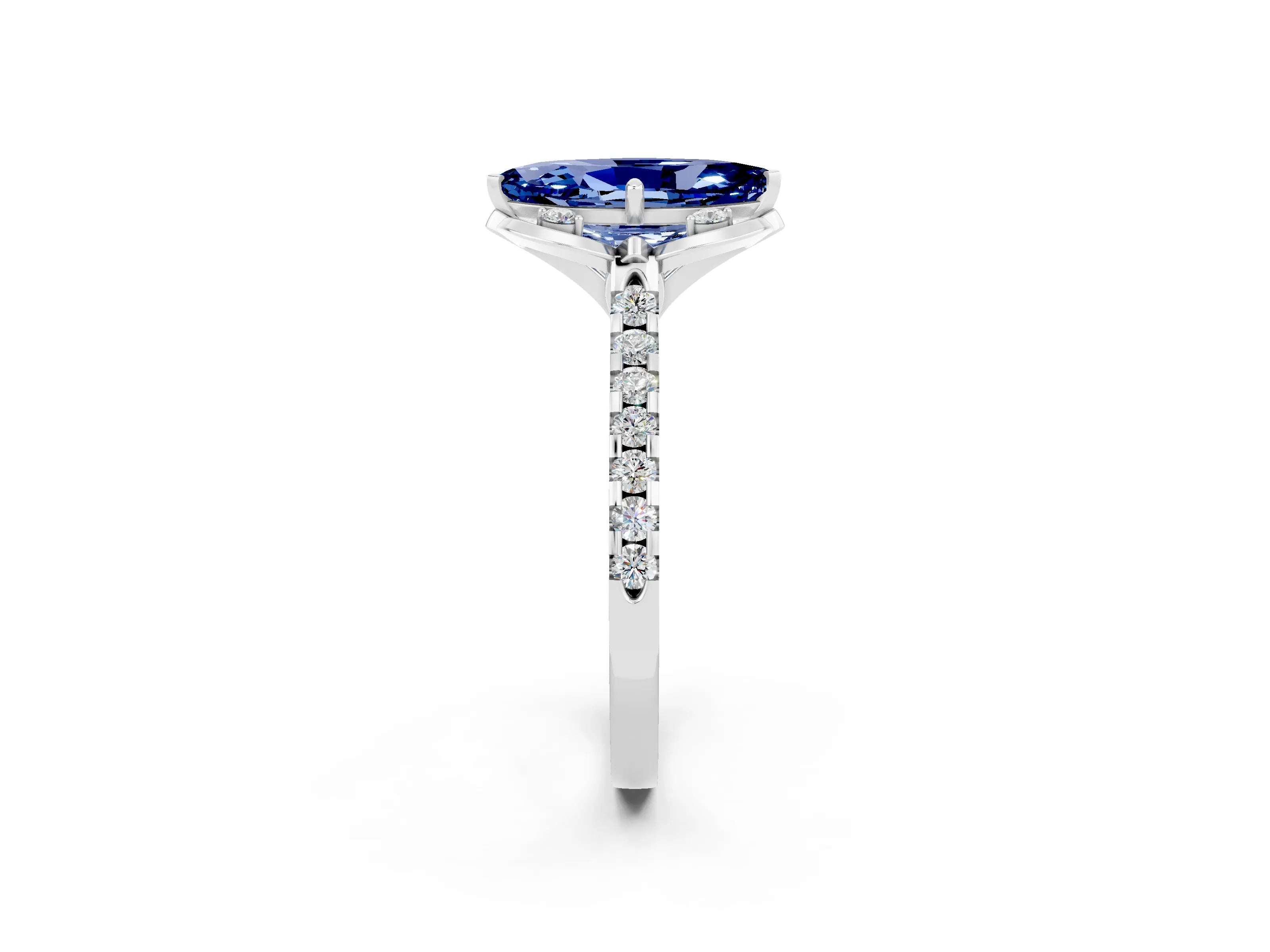 White gold Marquise Cut Blue Sapphire Ring with Pavé Band and Floral Prong Setting_2