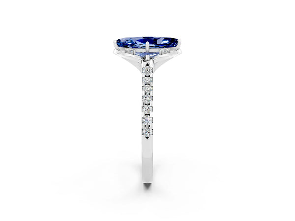 Platinum Marquise Cut Blue Sapphire Ring with Pavé Band and Floral Prong Setting