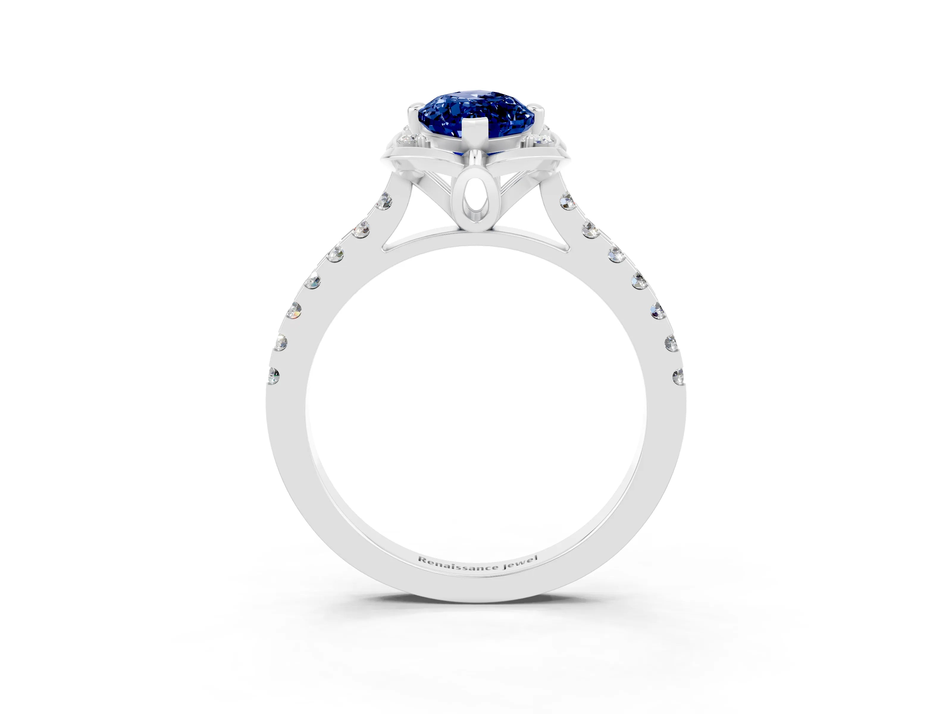 White gold Marquise Cut Blue Sapphire Ring with Pavé Band and Floral Prong Setting_3