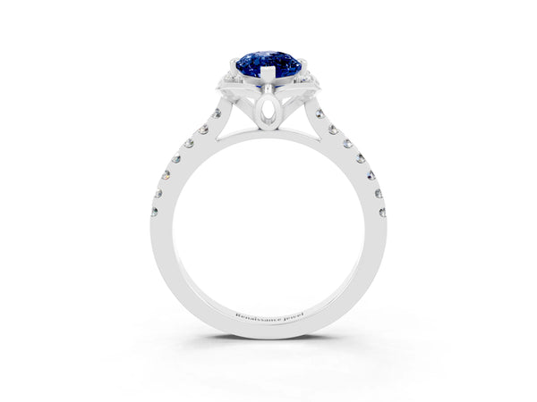 Silver Marquise Cut Blue Sapphire Ring with Pavé Band and Floral Prong Setting