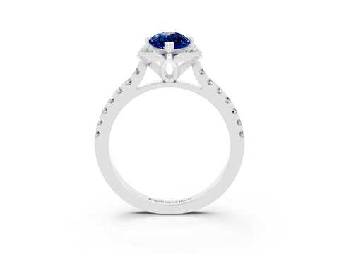 White gold Marquise Cut Blue Sapphire Ring with Pavé Band and Floral Prong Setting_3