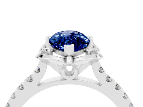 White gold Marquise Cut Blue Sapphire Ring with Pavé Band and Floral Prong Setting_4